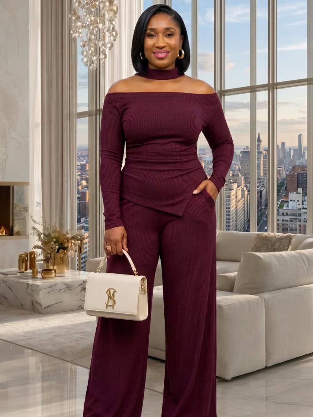 Burgundy off shoulder set
